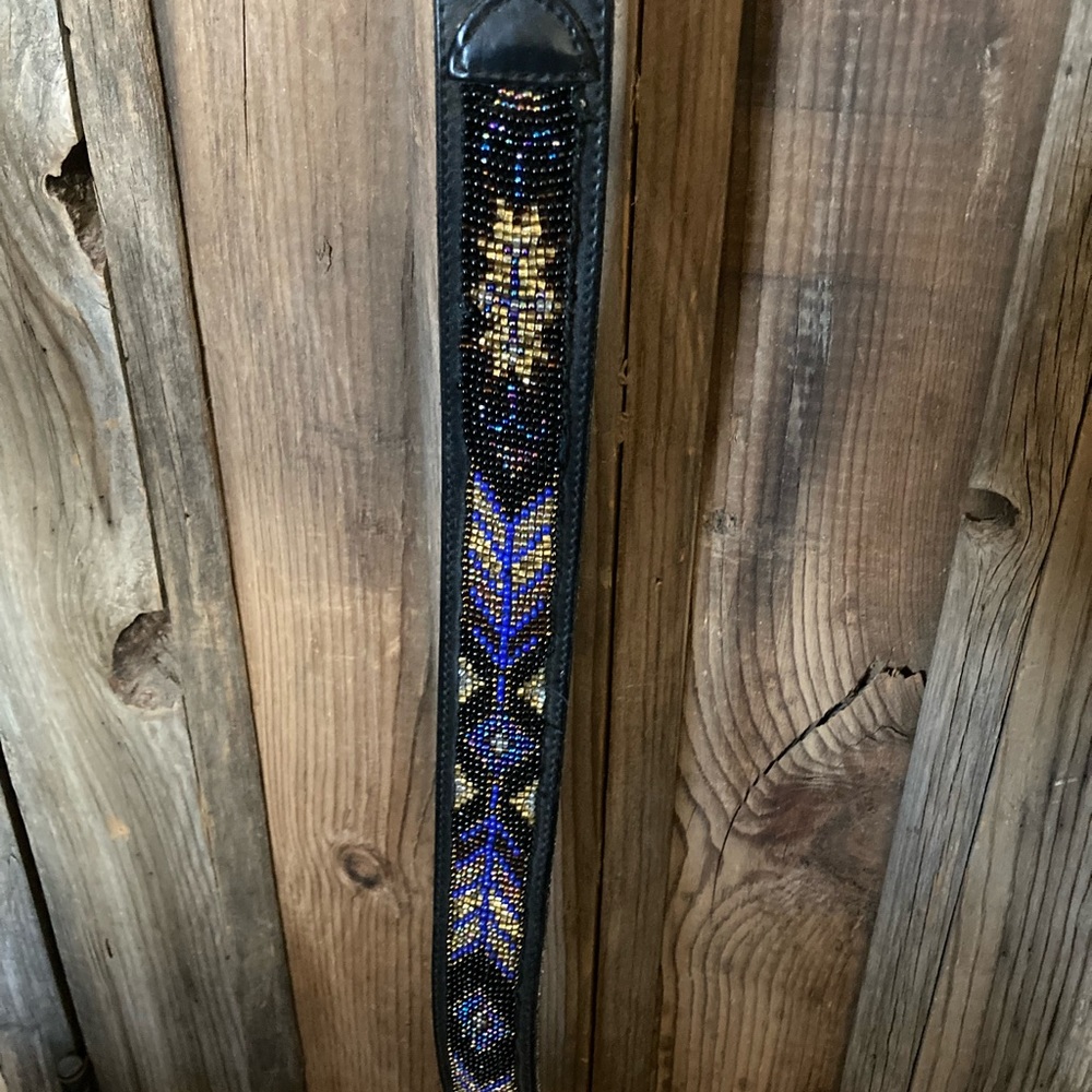 Santa Fe style beaded belt, black leather with purple/black and gold beads.